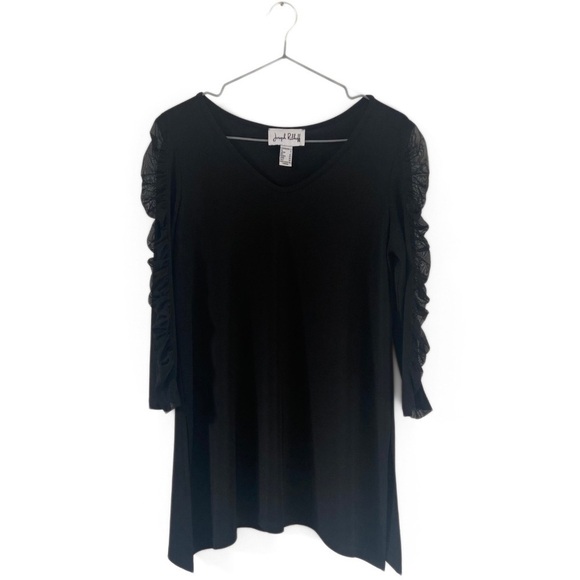Joseph Ribkoff Tops - Joseph Ribkoff Black Mesh-Sleeve V-Neck Flowy Blouse Size 4